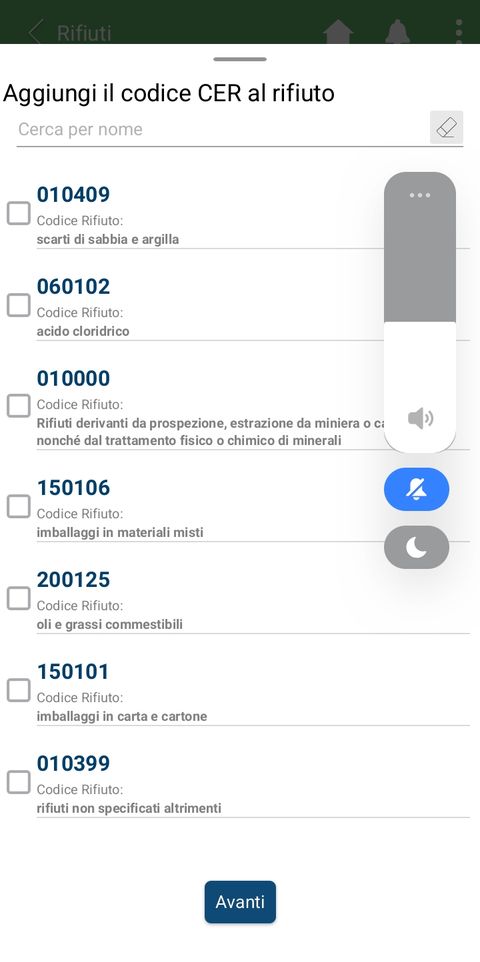 Schermata di selezione del codice EER