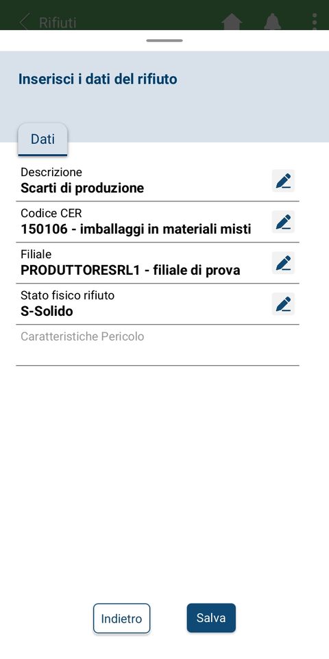Schermata delle caratteristiche del rifiuto