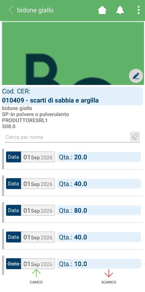 Schermata del magazzino rifiuti