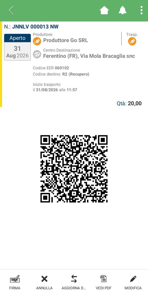 Schermata dettaglio FIR con QR Code e firma